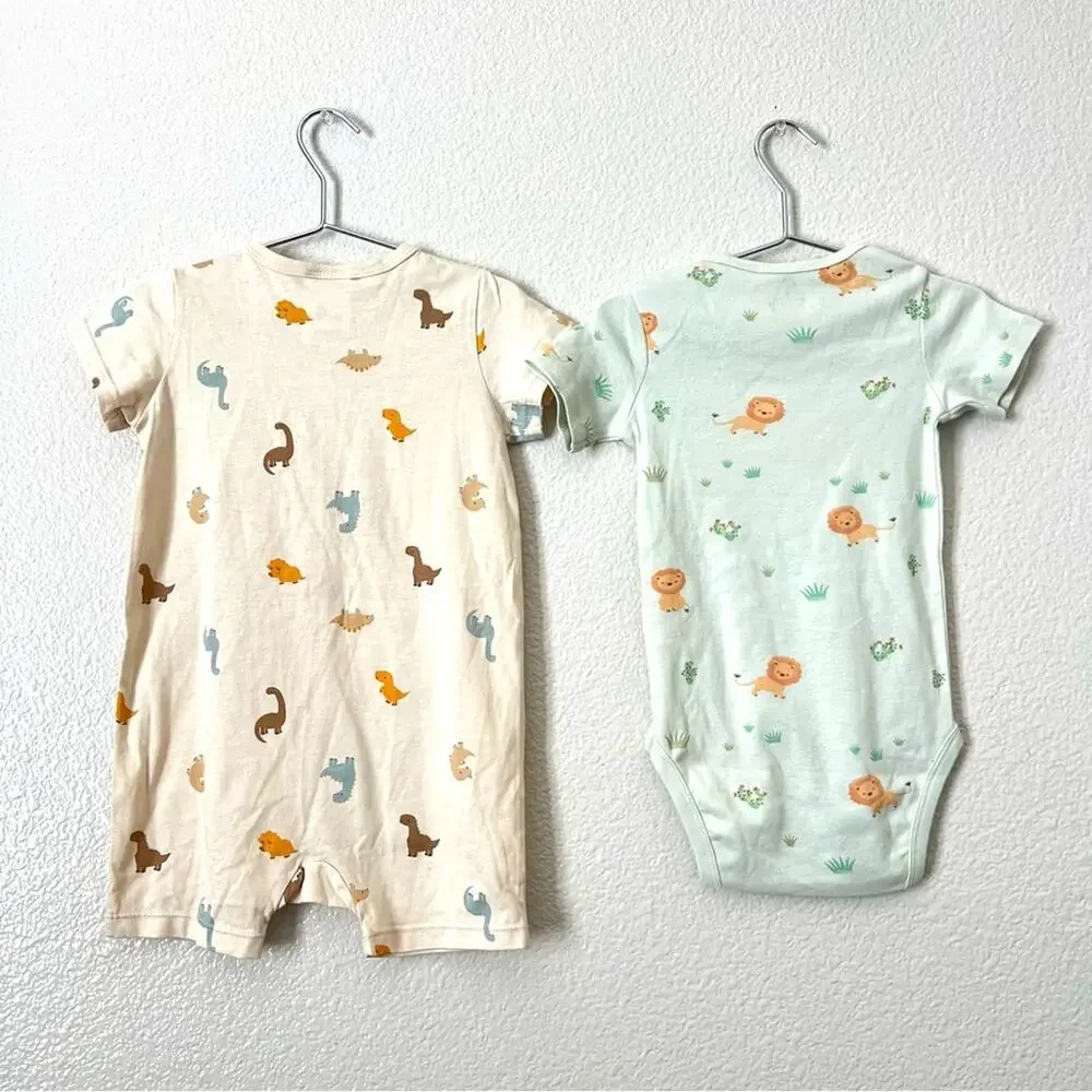 2x H&M baby animal lion dinosaur print onesie romper green ivory cream